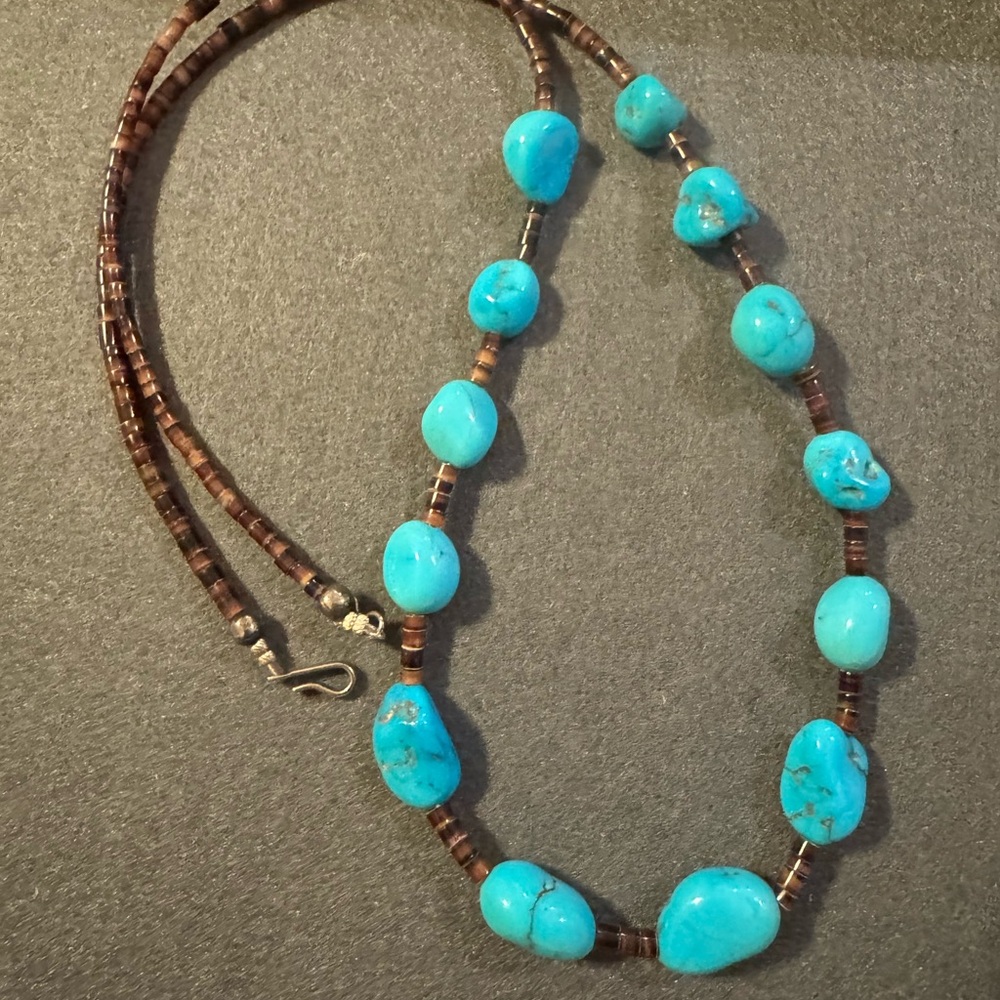 Turquoise and Brown Beaded Necklace with a Sterling silver clasp 27" chain